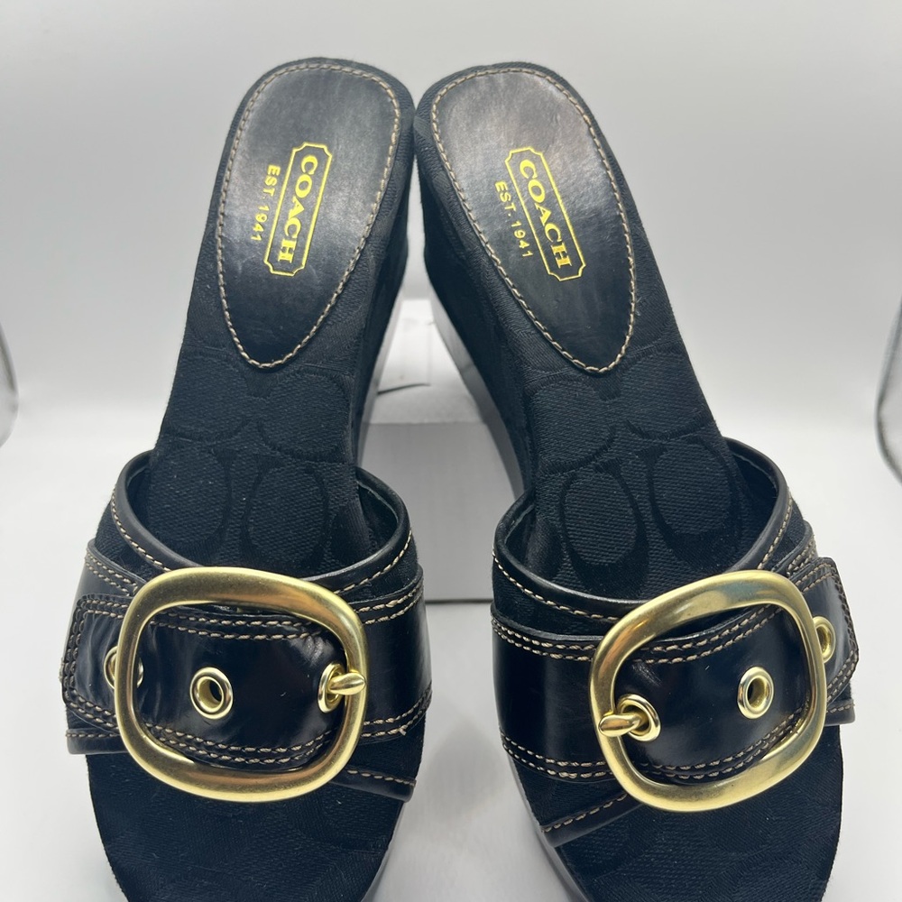 Coach Signature Gretta Black Wedge Slip-On 3" Heel Brass Buckle Logo Size 5 B